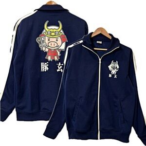 Buden Shoten Japanese Samurai Pig Graphic Zip Track Jacket Mens Size M Stripes